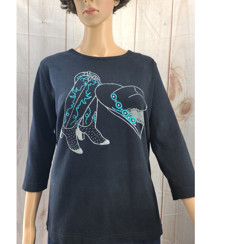 Distinct Apparel Women L Cowboy Rodeo Graphic Embellished 3/4 Sleeve Top Western